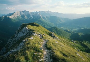 Fototapeta premium Beautiful summer landscape with green grass on the mountain top at sunset. Mountain range in the background, blue sky and clouds. Beautiful nature scene with sunlight. Beauty of the natural world.