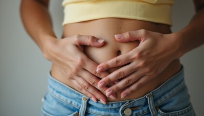 A young woman gently places her hands in a heart shape over her bare belly, radiating warmth and affection. This intimate pose captures a moment of self-love and body positivity, inviting viewers to