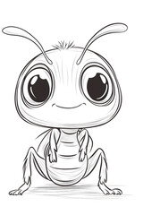 Cute Cartoon Ant Character with Big Eyes and Cheerful Expression in Black and White Style drawing and coloring page for printable