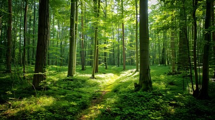 Obraz premium Lush green trees populating an old spruce, fir, and pine forest, evoking a sense of nature