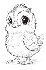 Cute Cartoon Chick Character with Big Eyes and Fluffy Feathers, Perfect for Children's Illustrations drawing and coloring page for printable