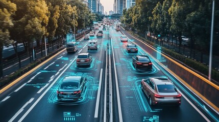 Autonomous vehicles driving on a city highway with digital data overlays showing speed, location, and other information.