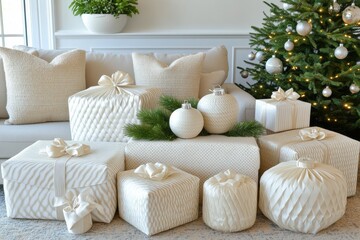 Elegantly wrapped Christmas gifts in cream and white hues create a festive scene in a cozy living...