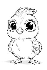 Cute Cartoon Chick Character with Big Eyes and Fluffy Feathers, Perfect for Children's Illustrations drawing and coloring page for printable