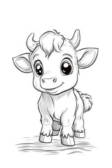 Adorable Cartoon Cow Character with Big Eyes and Playful Expression for Coloring Activities. drawing and coloring page for printable