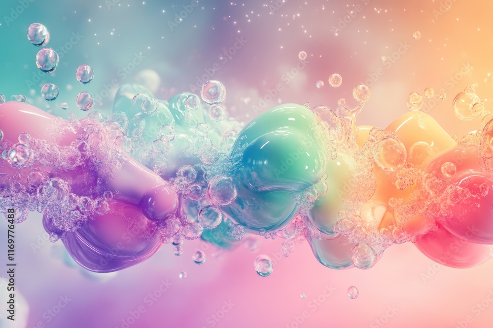 Poster pastel-colored liquid blobs and bubbles float in a dreamy, ethereal scene.