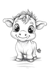 Adorable Cartoon Cow Character with Big Eyes and Playful Expression for Coloring Activities. drawing and coloring page for printable