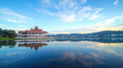 Fototapeta premium Beautiful sunset at putra mosque, ketrofit reflection of the majestic building on water surface, distant view of cityscape and hills, serene blue sky with scattered clouds, wide angle lens, profession