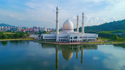 Beautiful sunset at putra mosque, ketrofit reflection of the majestic building on water surface, distant view of cityscape and hills, serene blue sky with scattered clouds, wide angle lens, profession
