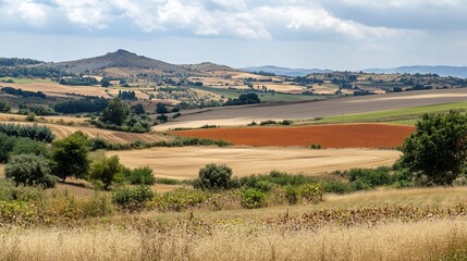 Obraz premium Rolling hills and farmland landscape under a partly cloudy sky.