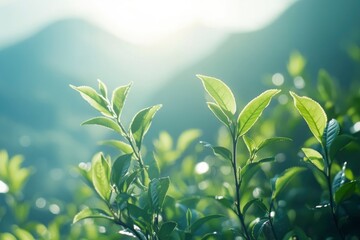 Obraz premium beautiful tea plantations with mountains in the background, morning light, foggy, sunny day, blurred background, detailed close-up of green leaves, professional photography, high resolution,
