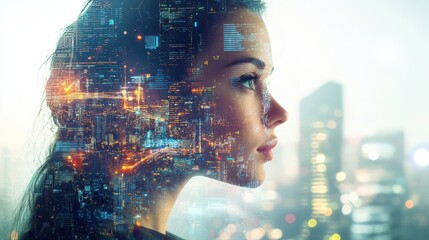 An image featuring a double exposure of a woman's face overlaid with a cityscape and data elements, symbolizing the fusion of human identity with futuristic and innovative technology.