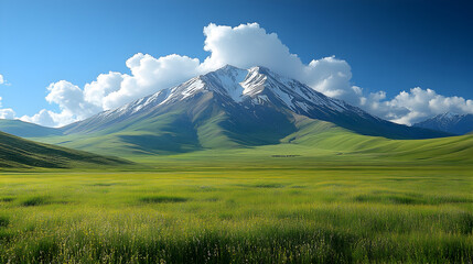 Fototapeta premium Snow-Capped Mountain Majesty with Golden Field