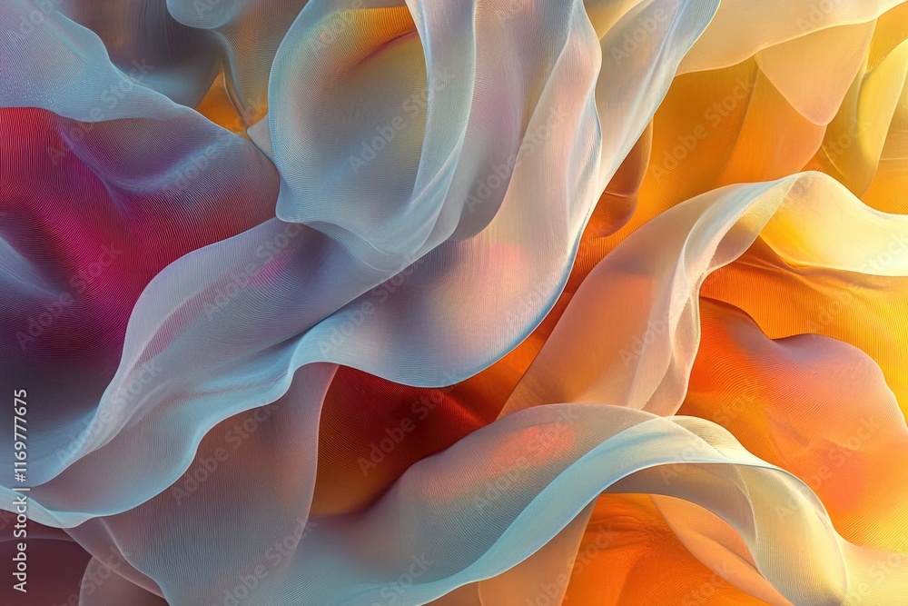 Poster abstract image of flowing, translucent fabric in warm, orange and blue hues, creating a dynamic and 