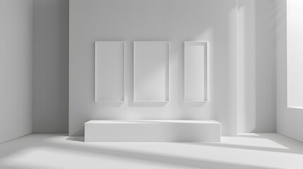 Fototapeta premium Mockup frames and sideboard for light exhibition interior