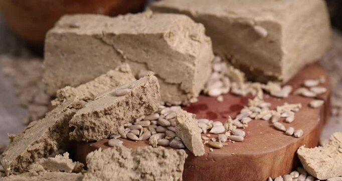 halva made from roasted sunflower seeds and crushed into one solid mass, a sweet delicious dessert made from fried sunflower seeds