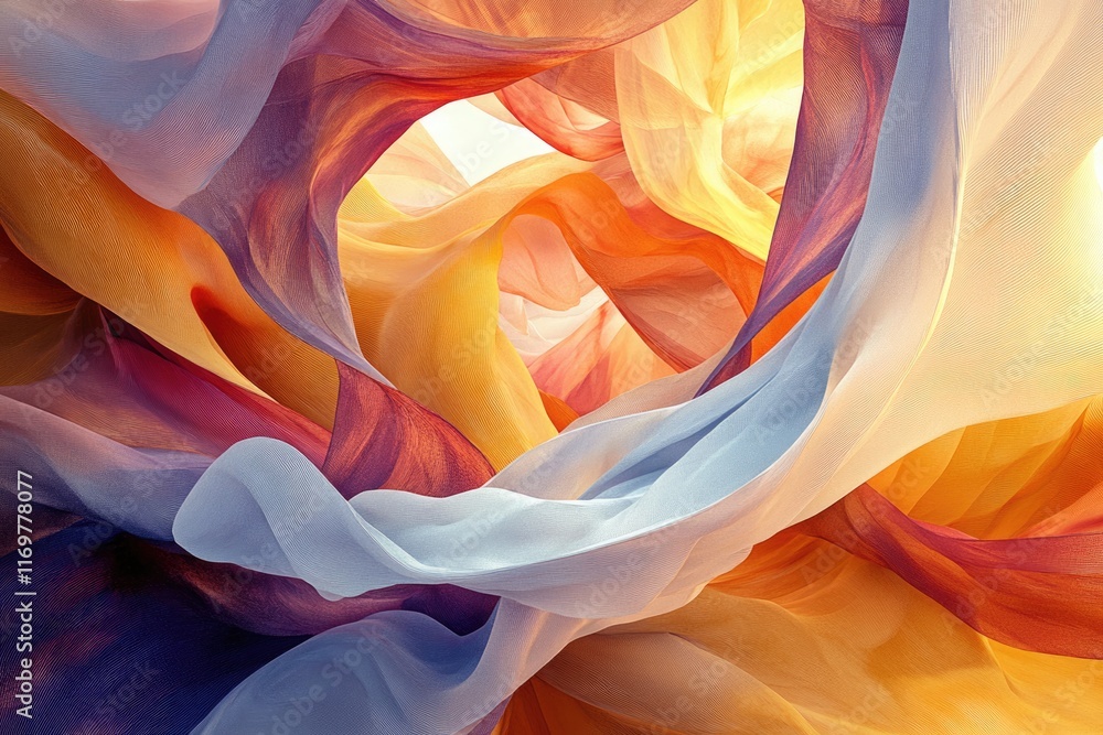 Poster abstract artwork showcasing swirling, translucent fabrics in warm hues, creating a dynamic and vibra