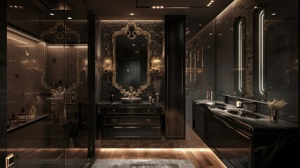 Elegant baroque style bathroom with modern mirror wash basin cupboard, AI generated image