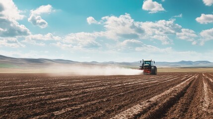 Obraz premium Tractor spraying field.