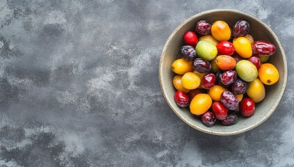 Date fruits in a bowl on a grey background with copy space for text, top view. Concept of Ramadan Kareem or Eid al-Fitr/Eid al-Adha. Flat lay.