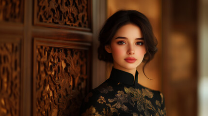 Fototapeta premium Elegant Chinese woman in traditional attire with intricate patterns, posing gracefully.
