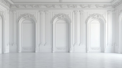 The stock photo features a minimalist and luxurious white room with sleek walls and floors, creating an empty yet stylish background for a variety of creative uses.