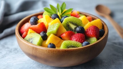 Fresh fruit salad in wooden bowl with mango, kiwi, strawberry, and blueberry.