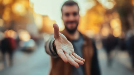 An image of a man extending his hand, inviting others to join or follow.