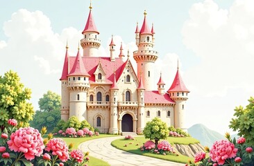 Beautiful castle surrounded by blooming flowers in a vibrant landscape