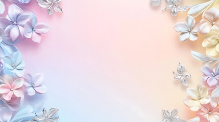 Pastel Flowers and Silver Butterflies Frame a Soft Background