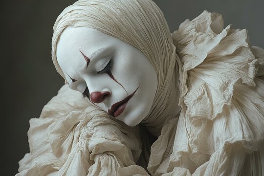 Venice carnival dreamlike Pierrot mime in elegant ruffled costume and emotive expression, dramatic and captivating atmosphere