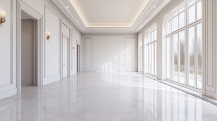 Obraz premium The stock photo features a minimalist and luxurious white room with sleek walls and floors, creating an empty yet stylish background for a variety of creative uses.