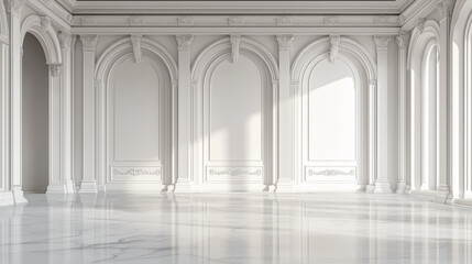 Fototapeta premium The stock photo features a minimalist and luxurious white room with sleek walls and floors, creating an empty yet stylish background for a variety of creative uses.