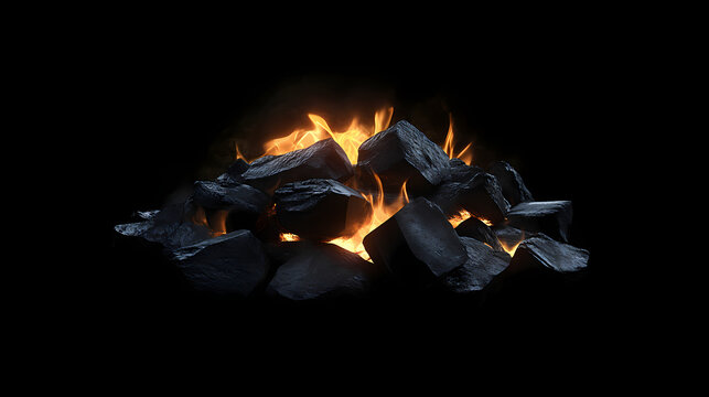 Smokey charcoal embers glowing with intense flames, illuminated against a dark background, evoking a sense of warmth and summer outdoor gatherings. Emberglow. Illustration