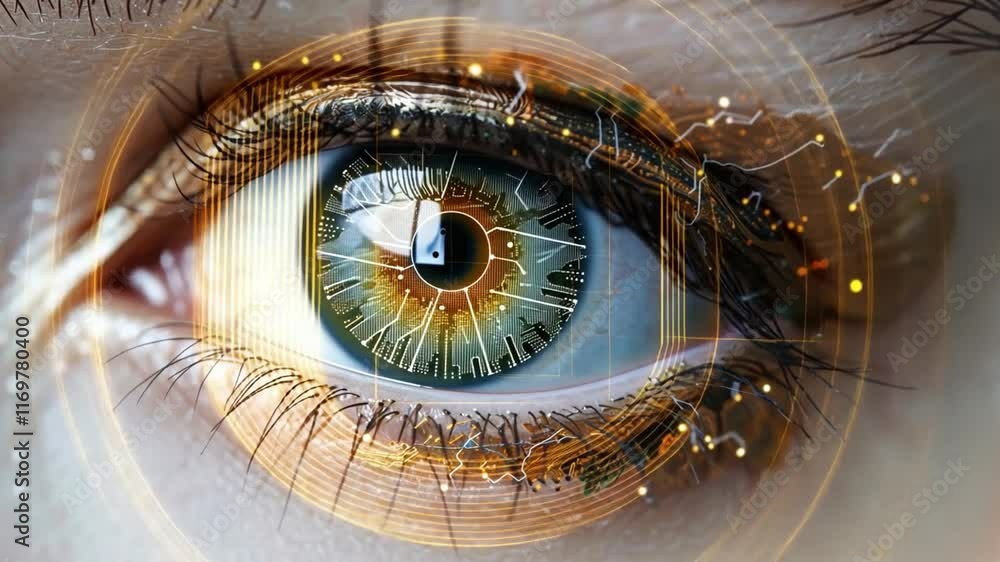 Aufkleber a detailed close-up reveals the eye's iris enhanced with complex circuitry, symbolizing the fusion o