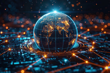 Obraz premium stylized digital globe illuminated from the inside, with the outlines of the continents highlighted 