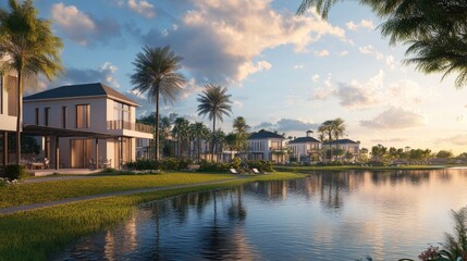 Obraz premium Beautiful view of Thefirst Pl Innovated Modern Beauty Beautiful View Blue Sky with reflection in water at sunset, Island from the lake featuring covered Backbar and Aesthetic designed lawn area below 