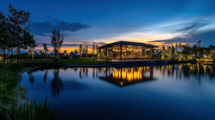 Fototapeta premium Beautiful view of Thefirst Pl Innovated Modern Beauty Beautiful View Blue Sky with reflection in water at sunset, Island from the lake featuring covered Backbar and Aesthetic designed lawn area below 
