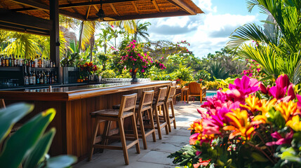 Stylish Outdoor Bar Area Surrounded by Tropical Plants
