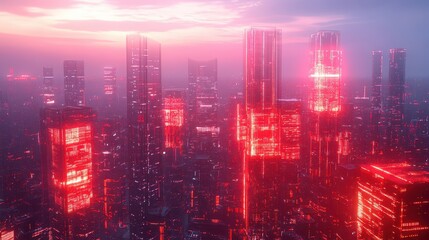 Fototapeta premium An image showcasing red data rotation movement in a cityscape, illustrating futuristic technology and internet connectivity.