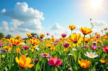 Colorful wildflower field under a bright blue sky during sunny daylight hours