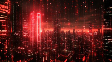Obraz premium An image showcasing red data rotation movement in a cityscape, illustrating futuristic technology and internet connectivity.