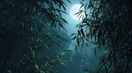 Fototapeta premium A serene night scene featuring bamboo under a bright moon.