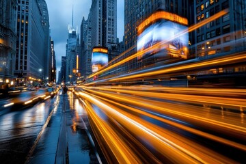 Fototapeta premium Vibrant city lights with motion blur of traffic on wet street amidst tall buildings, vibrant cityscape concept