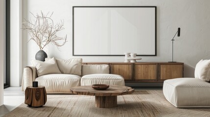 Cozy living room interior with mock poster frame, AI generated image