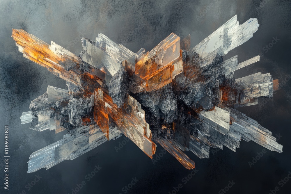 Poster abstract 3d rendering of a complex, crystalline structure with metallic and earthy tones.