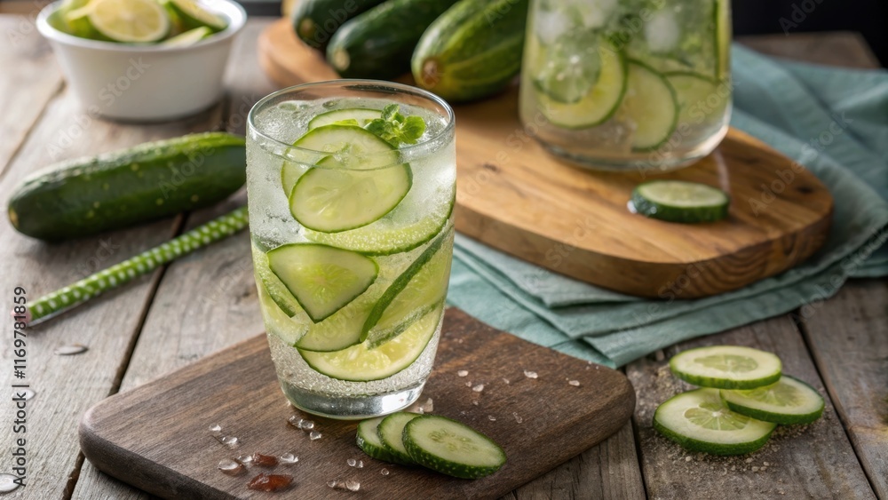 Poster nestled on a rustic wooden table a glass of chilled cucumber water stands poised its surface glimmer