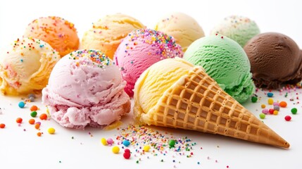 Assorted flavors of ice cream scoops and a waffle cone, adorned with colorful candy sprinkles against a white background.