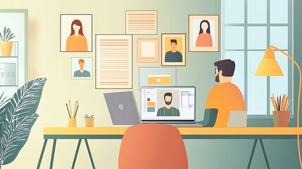 A man is sitting at a desk with a laptop and a picture of a man on the screen