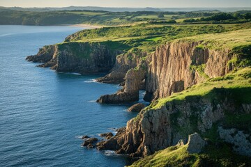 Dorset, UK's iconic Dord Prevost arches at the Dor set in the lush green grassy hills overlooking blue ocean and dramatic cliffs. The sun is setting casting long shadows over the landscape. 